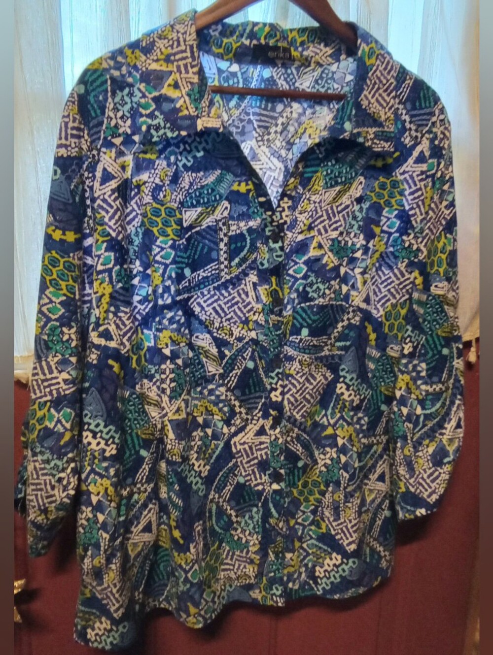 Erika Multicolor Printed Button-Down Shirt in Blue, Green & White